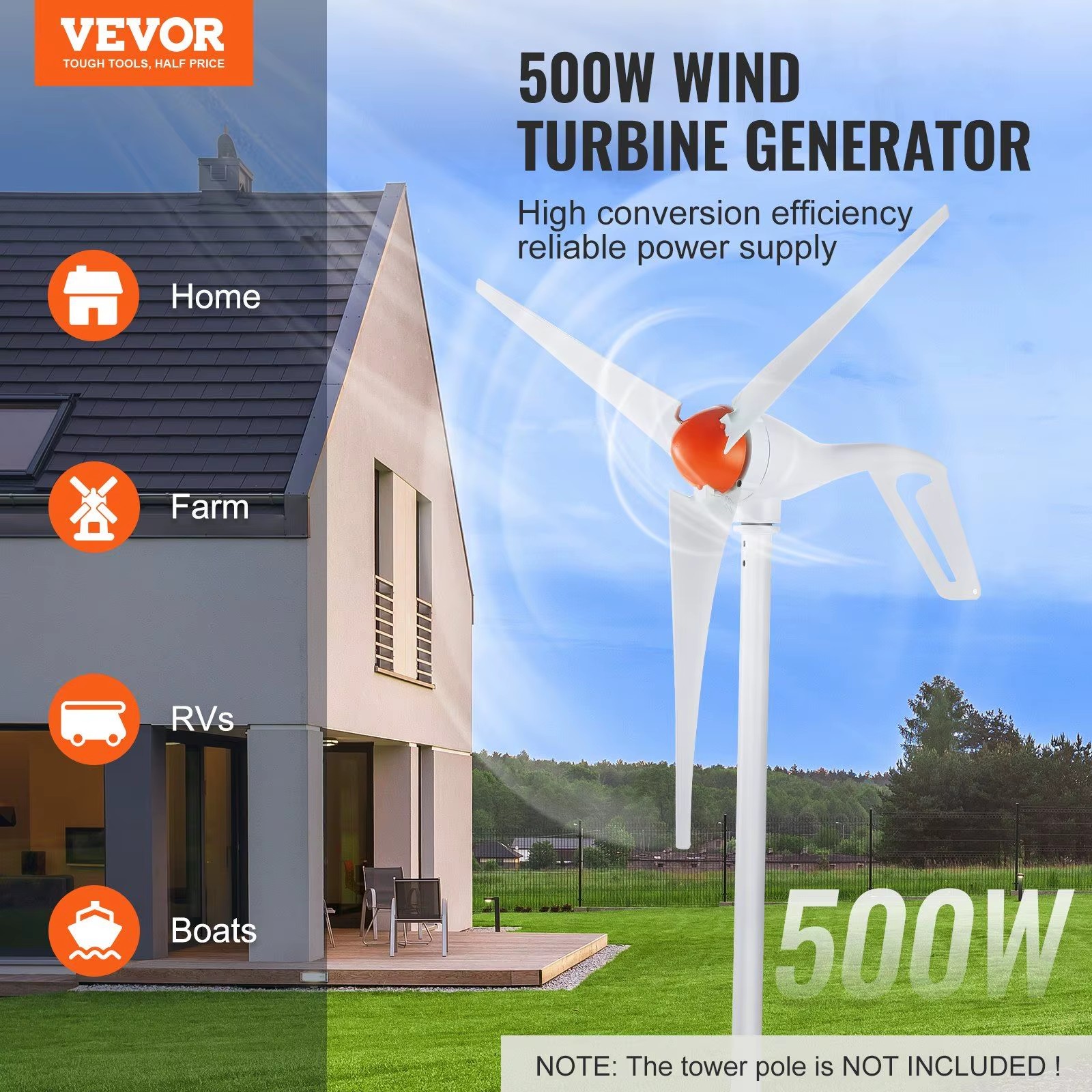 Wind Turbine Generator 500W 24V Three Blades Adjustable Wind Direction for Home Farm RVs