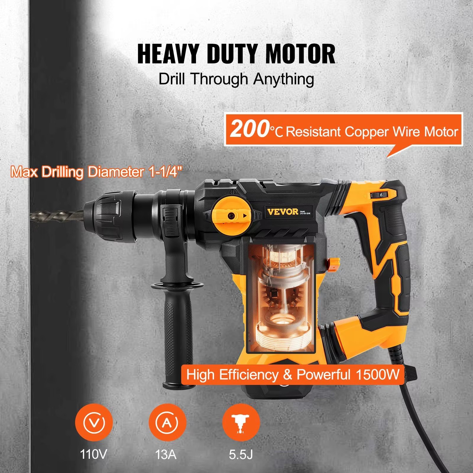 Rotary Hammer Drill 1-1/4 In Sds Plus 4 Mode Corded Professional Chipping Tool