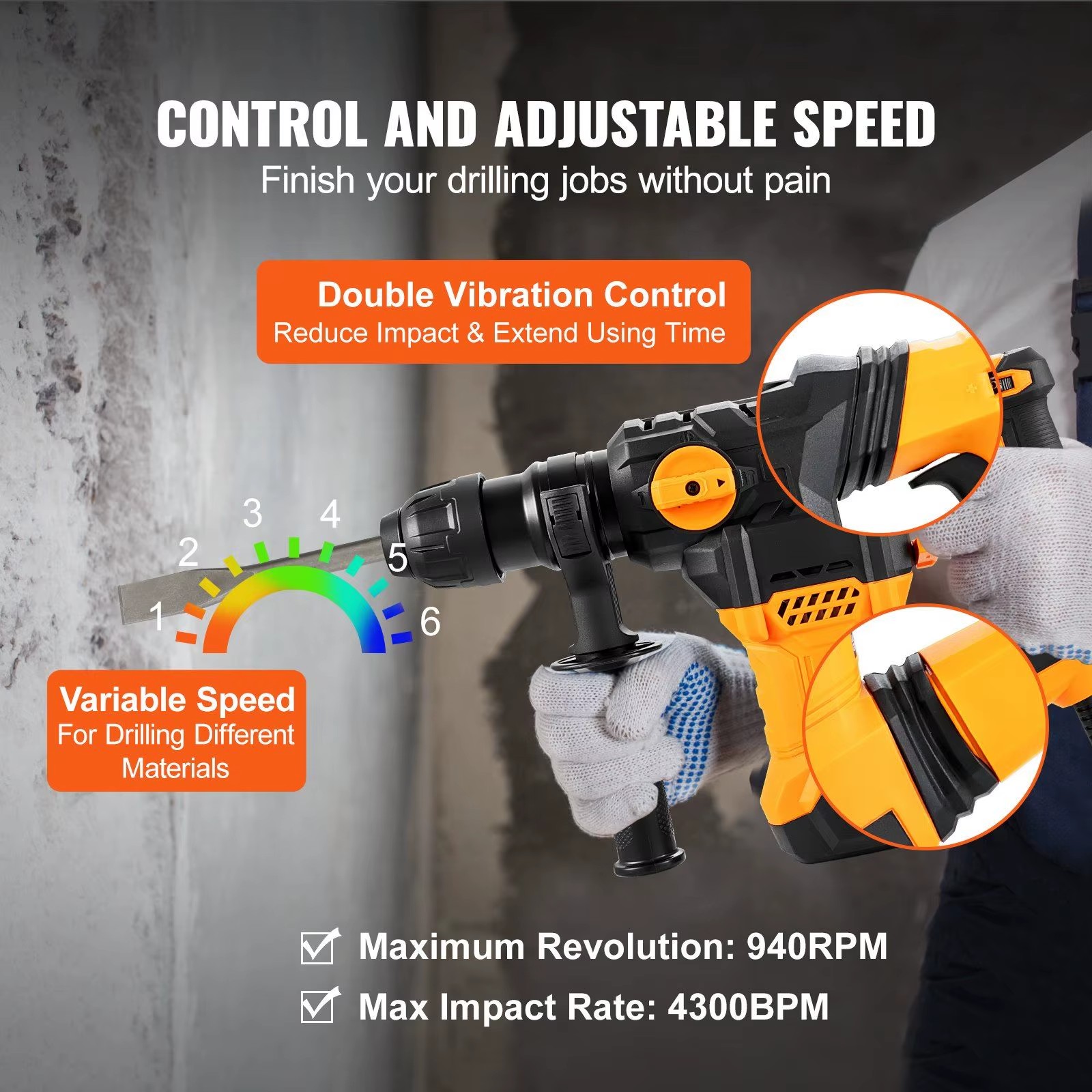 Rotary Hammer Drill 1-1/4 In Sds Plus 4 Mode Corded Professional Chipping Tool