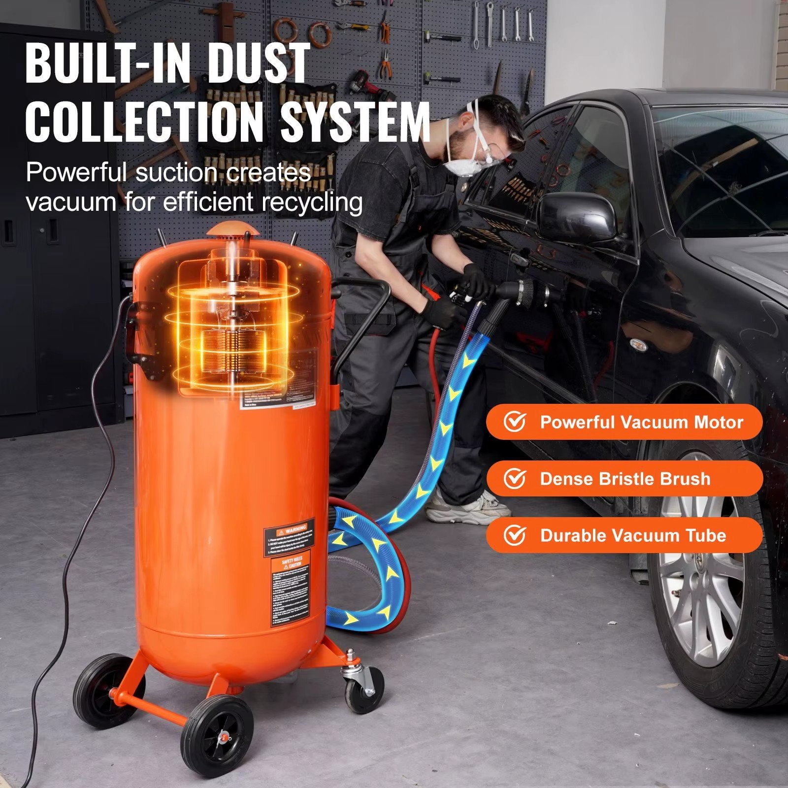 28-Gallon Dustless Sandblaster 1200W Vacuum System Heavy Duty Abrasive Blasting Machine Recycles 60-110 PSI Dust Control Model