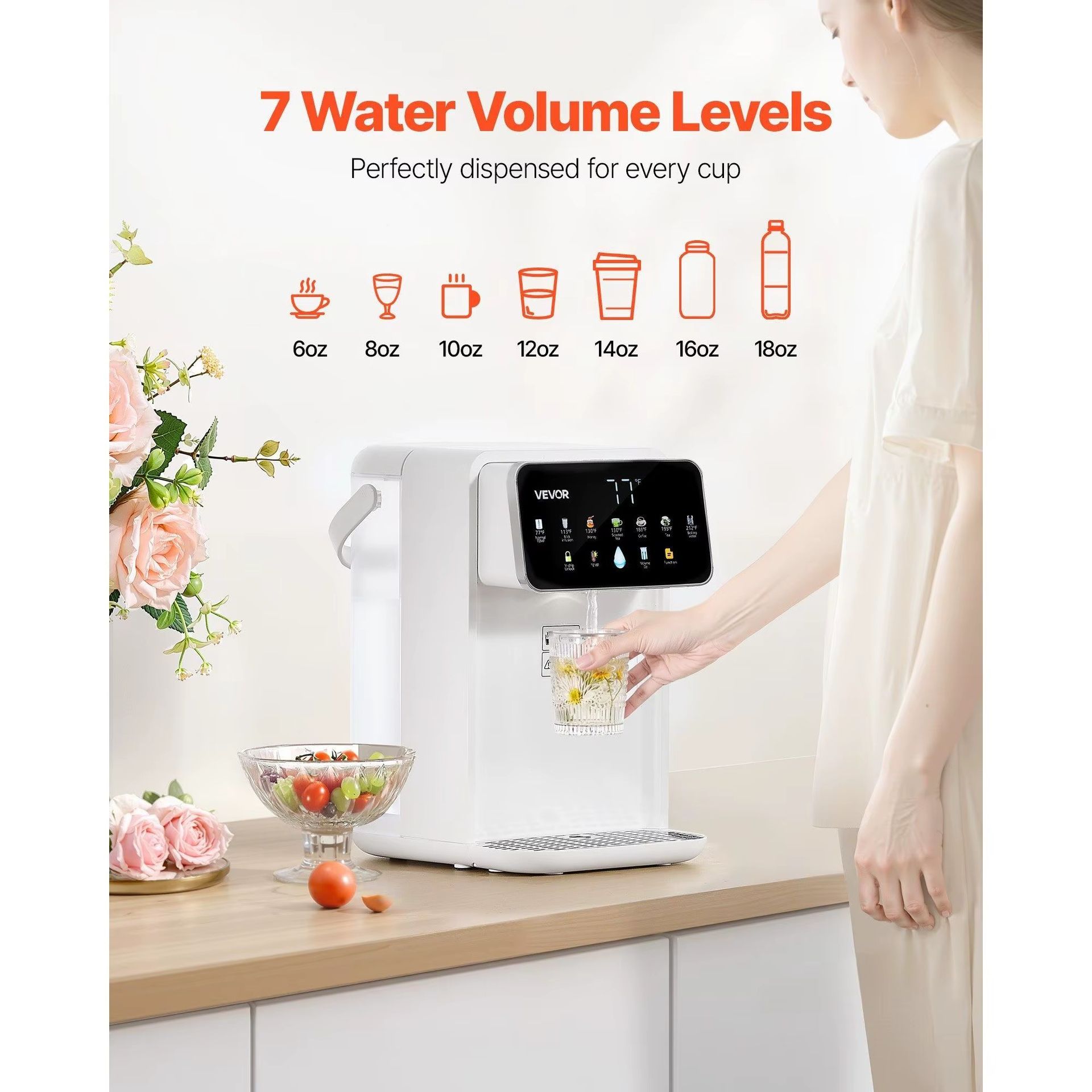 Desktop Water Dispenser 118oz Tank Instant Hot Water 7 Temperatures 7 Volumes Plastic Housing Electric Powered Household Use 1