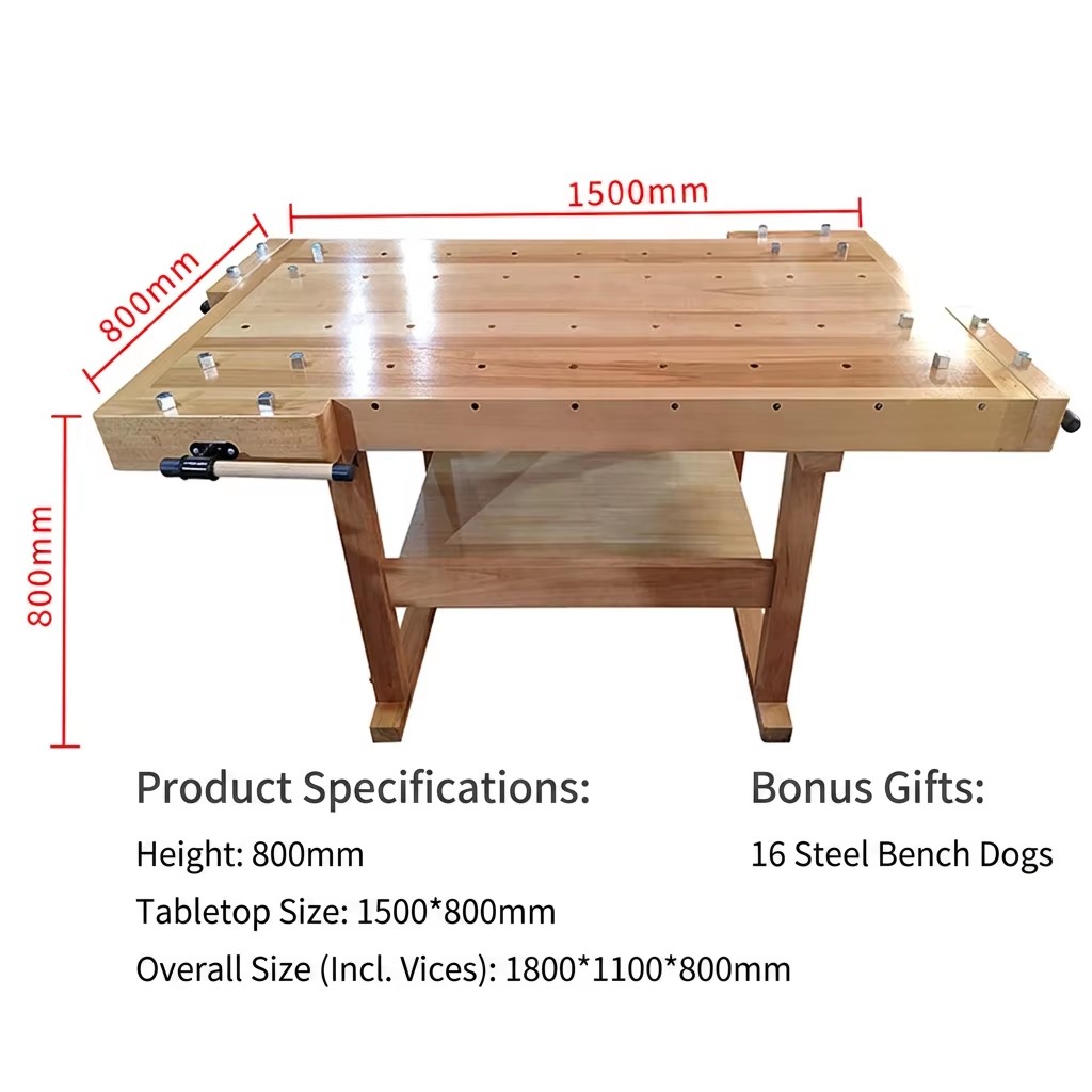 Woodworking Bench 1500x800mm Maple Wood Workbench With Clamp For DIY And School Use