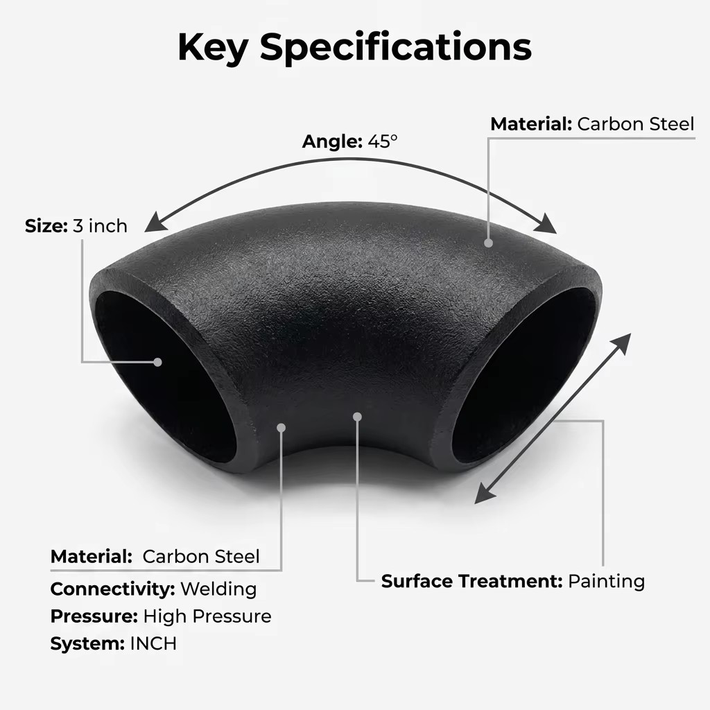 High Pressure 3 Inch Carbon Steel Butt Weld 45 Degree Elbow Fire Protection Pipe Fitting Painted Surface