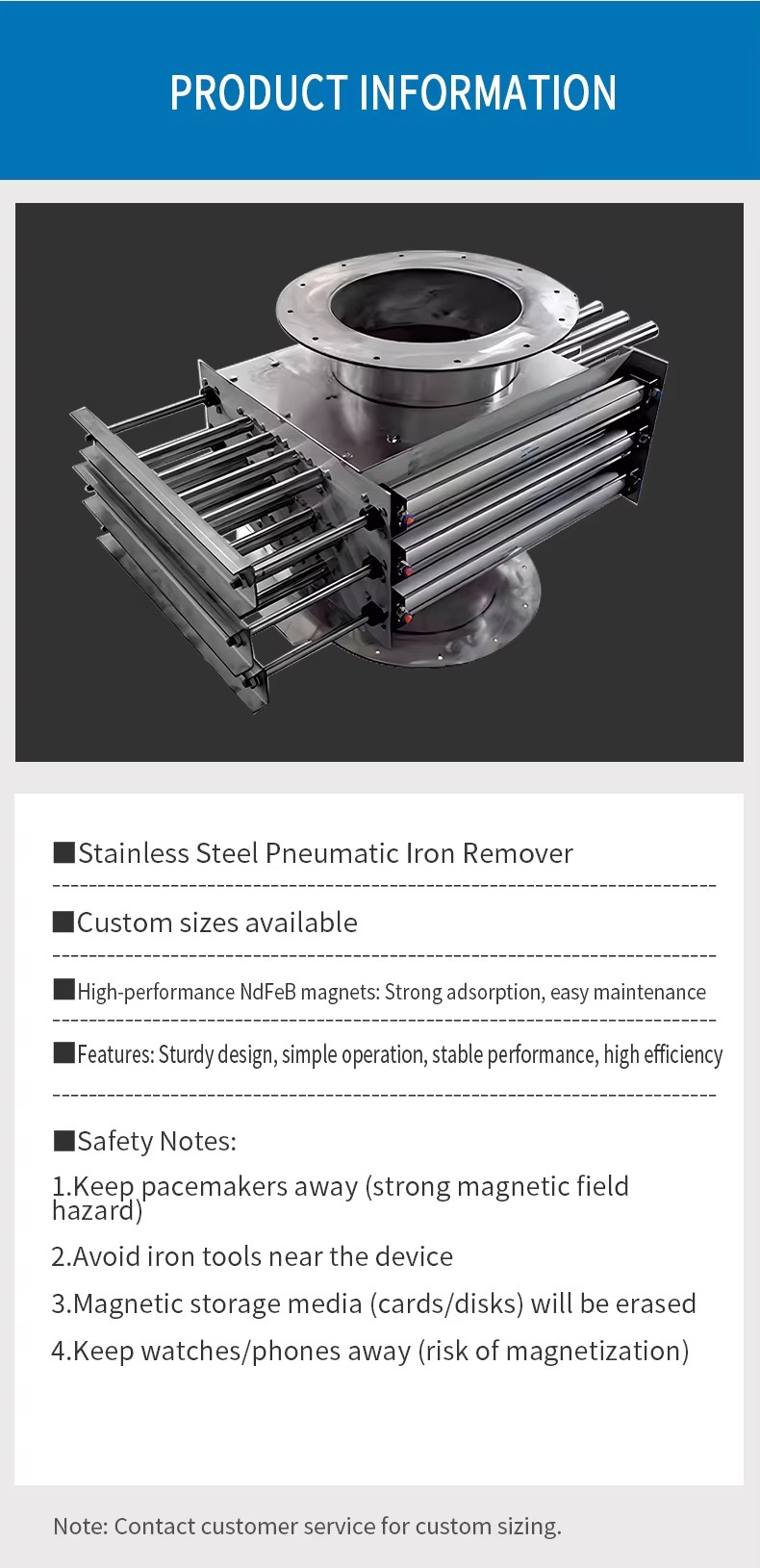 Pneumatic Self Cleaning Magnetic Separator Customizable for Food Powder Battery Mineral Iron Removal