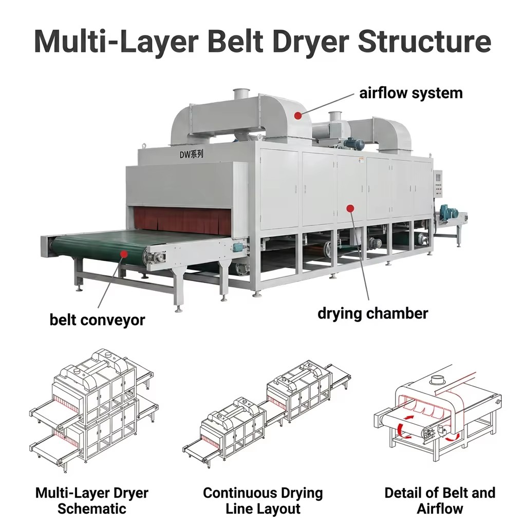 Energy Saving Mesh Belt Dryer SUS304 400-2000kg/h Continuous Fruit Vegetable Dehydrator Multi Layer Industrial Drying Machine