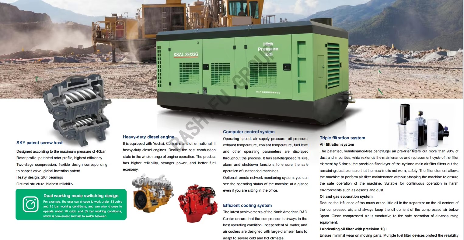 Kaishan 23Bar 1015Cfm Rotary Screw Air Compressor Diesel Powerd for Drilling Featuring Robust Air Compression Capability