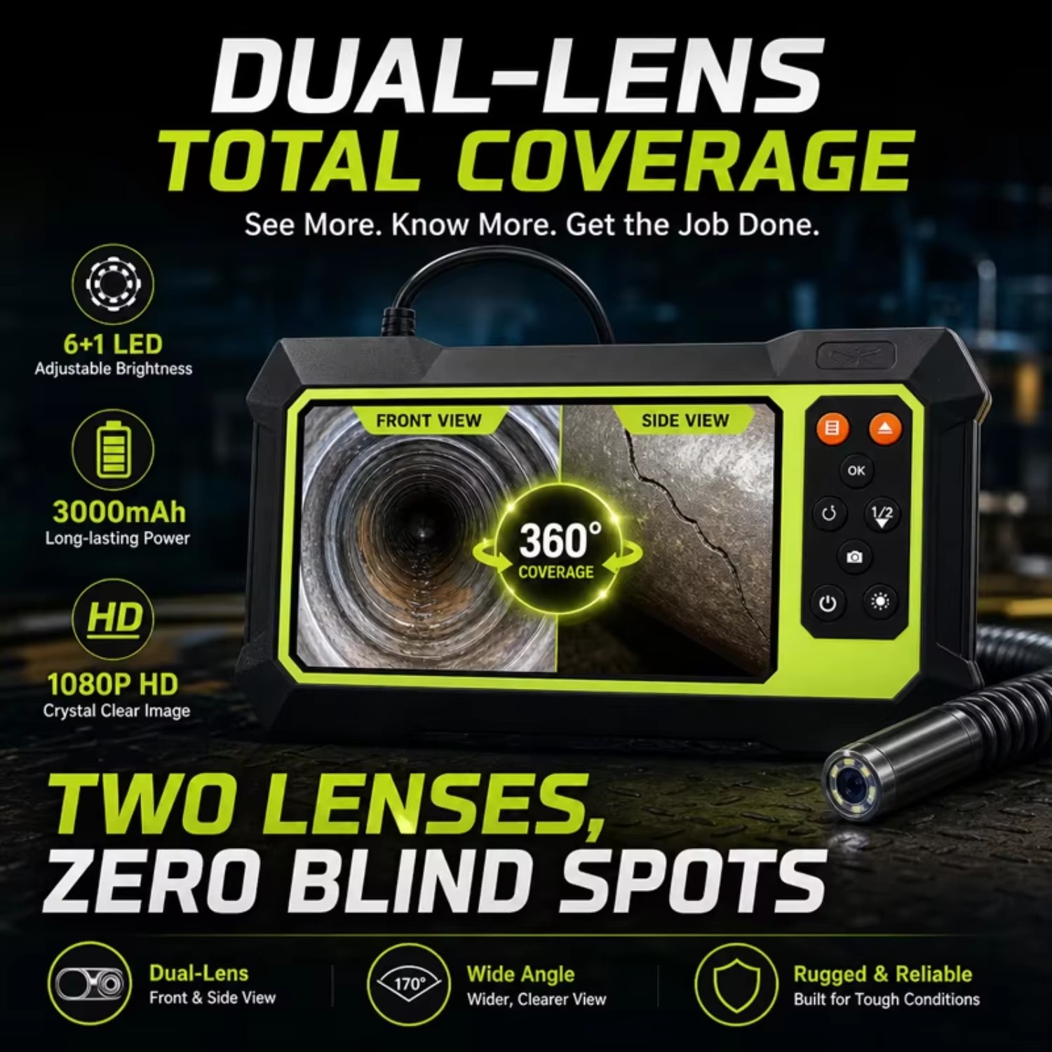 Professional Dual Lens Endoscope Camera 4.3 Inch IPS LCD Screen 10M Semi-Rigid Industrial Borescope for Mechanical Inspection