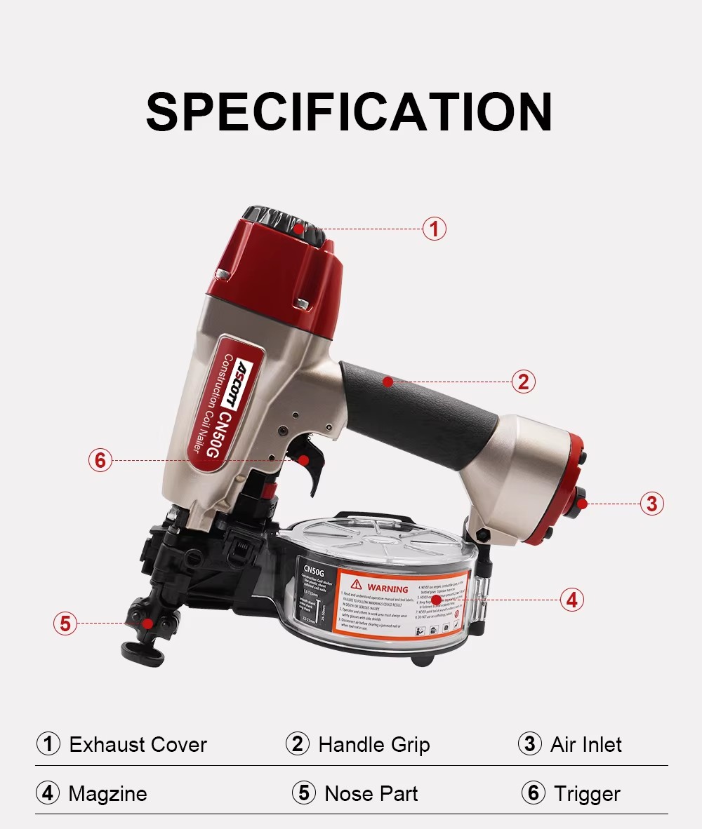 CN50G Pneumatic Coil Nail Gun for Wood Board Roofing Siding 15 Degree Plastic Collated Air Coil Nailer Fastening Tool