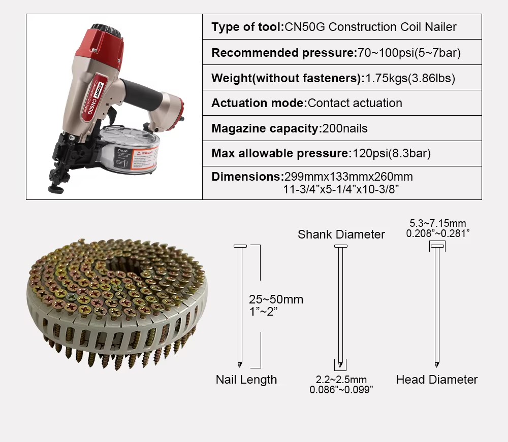 CN50G Pneumatic Coil Nail Gun for Wood Board Roofing Siding 15 Degree Plastic Collated Air Coil Nailer Fastening Tool