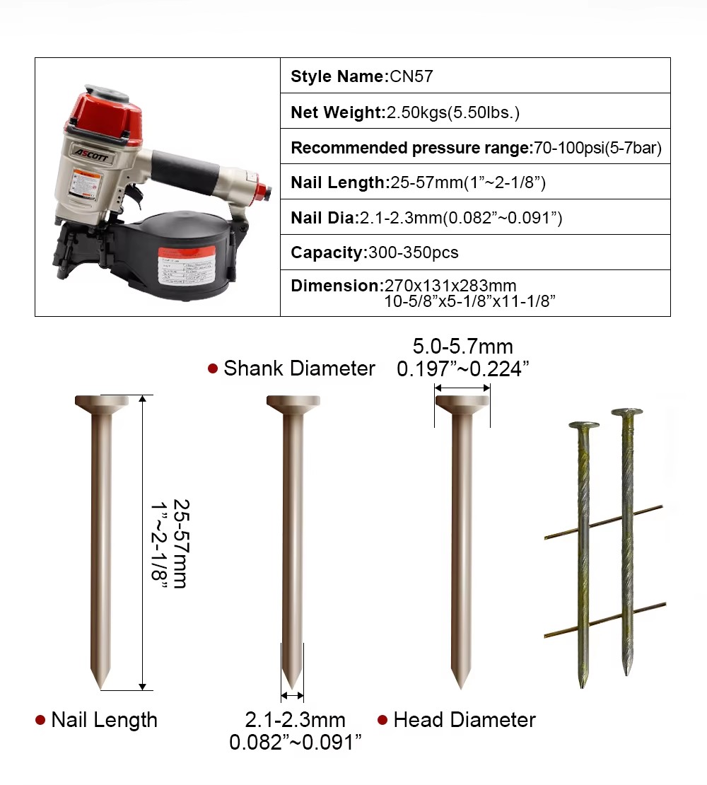 CN90B Heavy Duty Pneumatic Coil Nail Gun 15 Degree Aluminum Framing Roofing Siding Pallet Construction Top Exhaust 1 Year