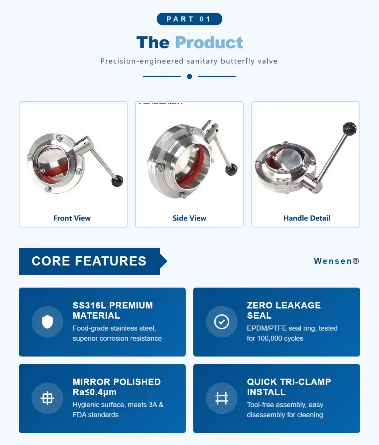 Wensen 304 316 Hygienic Stainless Steel Manual Welded Butterfly Valve with Silicone Seal Ring for Sanitary Piping