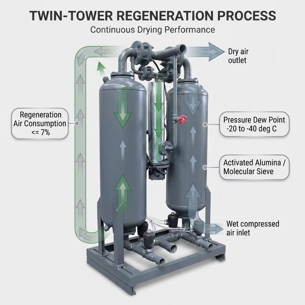 Micro Heat Regenerative Adsorption Dryer 7.2Nm3 Min Desiccant Air Dryer PLC Control 220V 3kW for Industrial Compressed Air