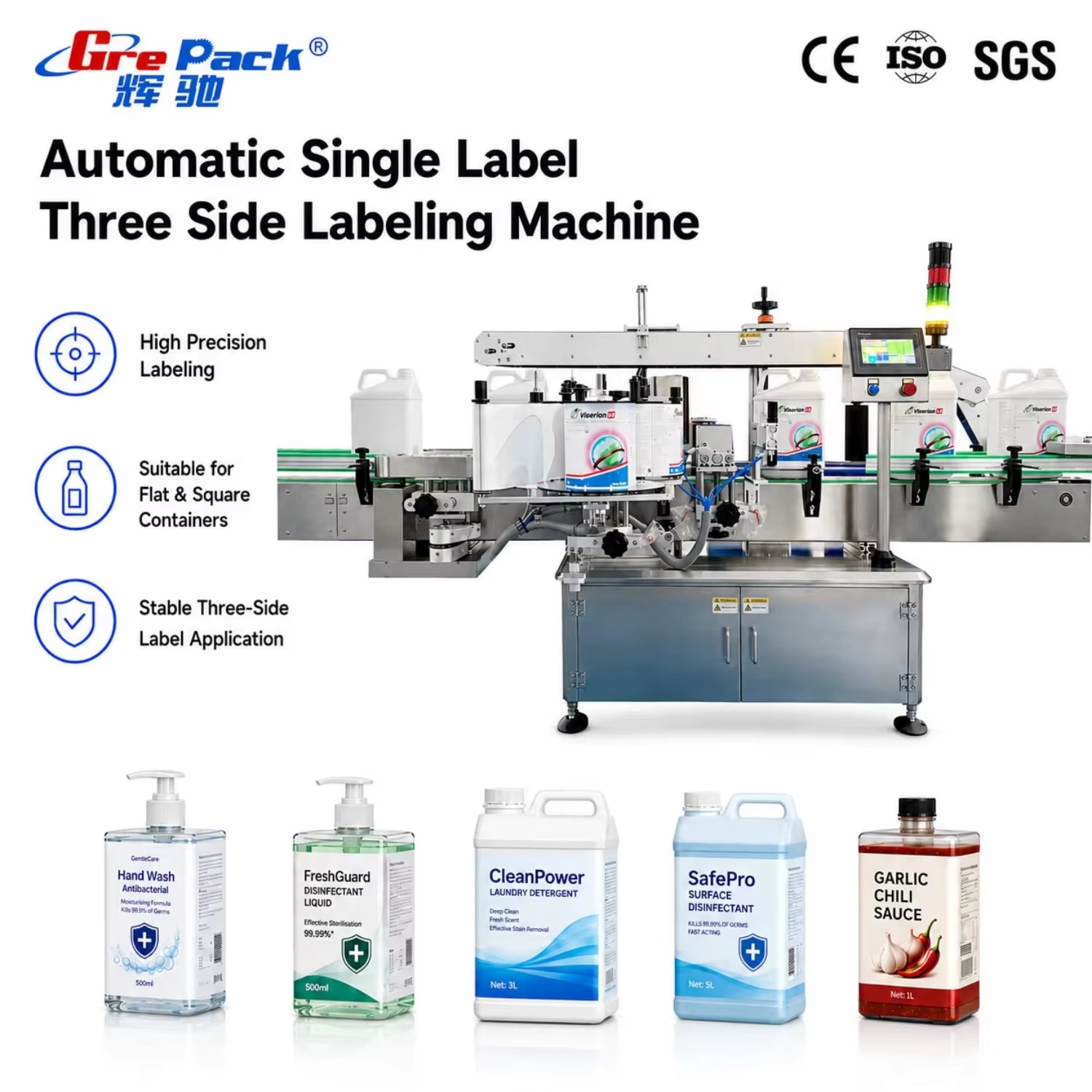 Automatic Square Flat Bottles Three Side Labeling Machine High Speed Label Applicator Compatible with Assembly Line