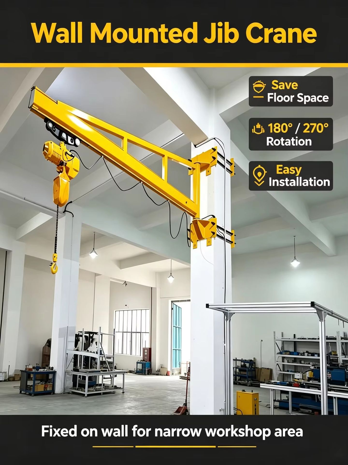 KNCRANES 500 KG 2 Ton Indoor Light Weight Electric Chain Hoist Trolley Wall Mounted Jib Crane