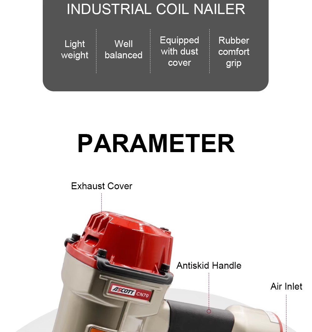 High Power CN70 1-3/4"~2-3/4" Pallet Coil Nail Gun 225-300PCS Pneumatic Fastening Tools Air Framing Siding Fencing Coil Nailer