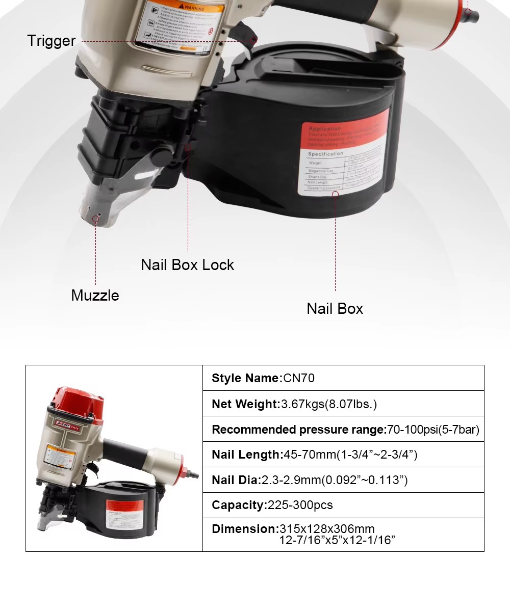 High Power CN70 1-3/4"~2-3/4" Pallet Coil Nail Gun 225-300PCS Pneumatic Fastening Tools Air Framing Siding Fencing Coil Nailer