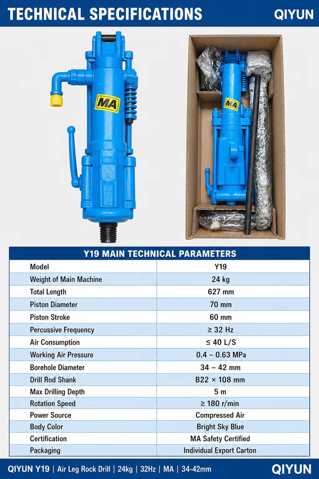Construction Mining Blast Air Pusher Leg Rock Drill Machine Y19 Pneumatic Jack Hammer Core Drilling Rig for Ore Demolition