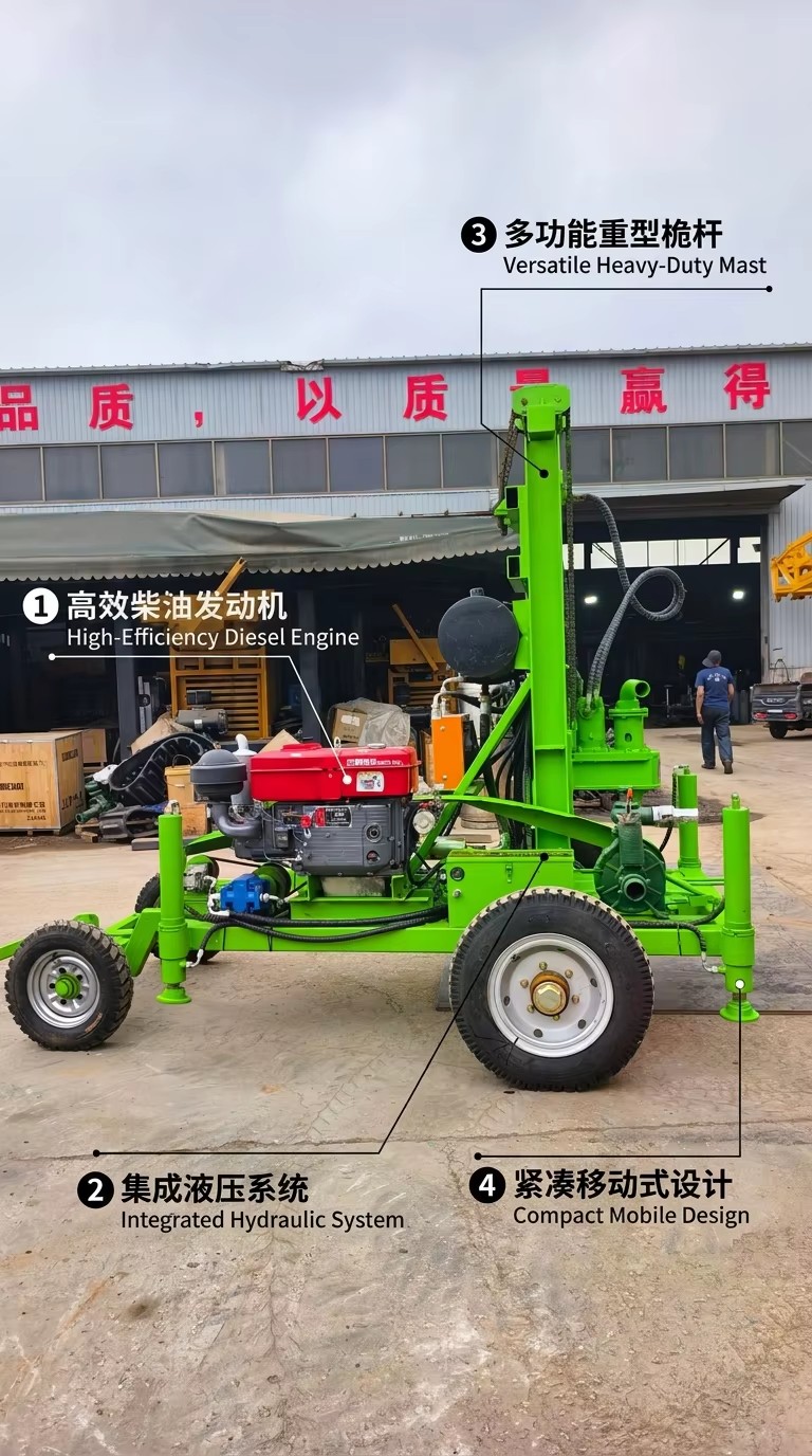 Small Portable Hydraulic Diesel 32HP Rotary Borehole Water Well Drill Rig Gearbox Max 200m Depth 75-300mm Diameter Wheels Farm