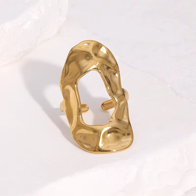 Fashion Minimalist Geometric Stainless Steel Ring Irregular Design 18K Gold Plated Textured Opening Finger Ring Women Jewelry