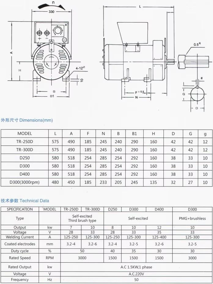 1.5KW AC Single Phase Electricity Generator & DC Welding Dual-Purpose Machine 250A/300A/400A Alternator 10KW 50Hz