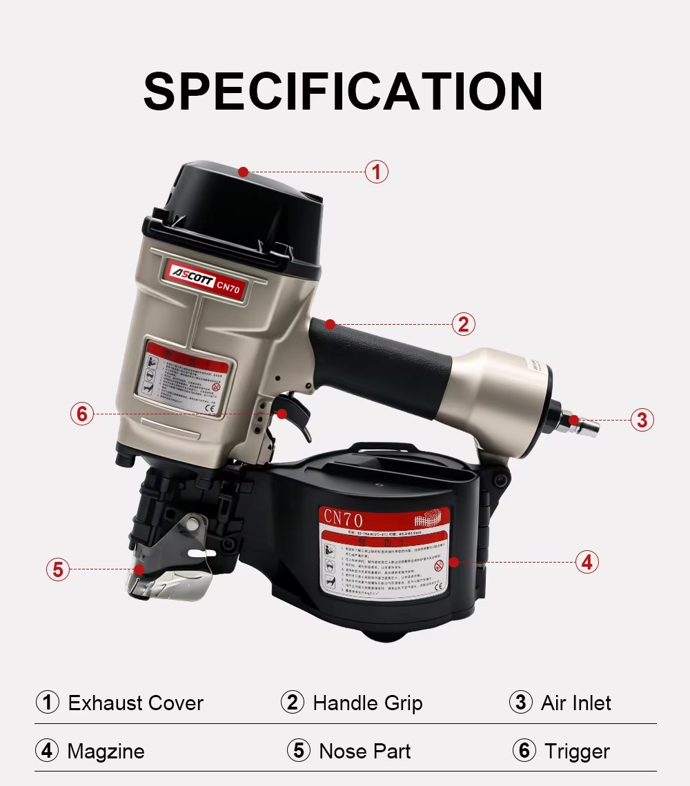 High Power CN70 1-3/4"~2-3/4" Pallet Coil Nail Gun 225-300PCS Pneumatic Fastening Tools Air Framing Siding Fencing Coil Nailer