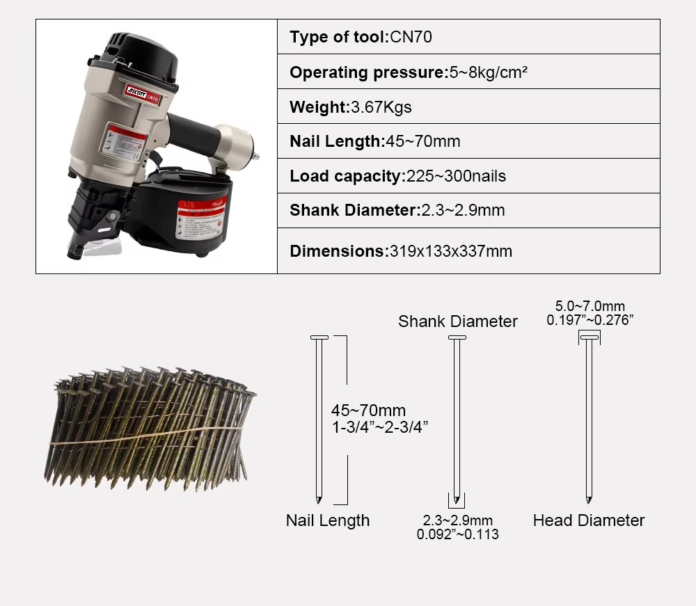 High Power CN70 1-3/4"~2-3/4" Pallet Coil Nail Gun 225-300PCS Pneumatic Fastening Tools Air Framing Siding Fencing Coil Nailer