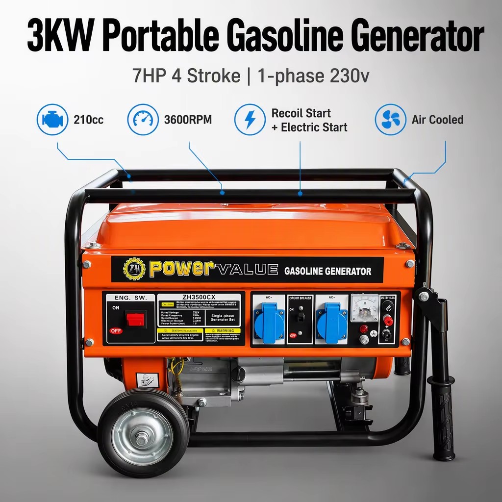 Power Value Air Cooled Portable 7HP Single Phase Electric 3KW Gasoline Generator 4 Stroke Engine 210cc Displacement Electric