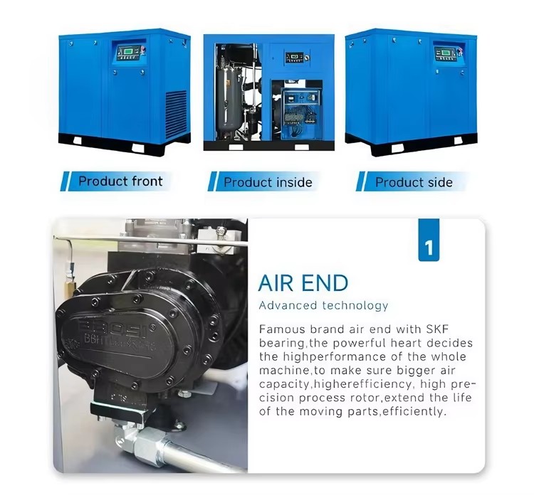 Energy Saving 11kW Oil-Free Air Mute Screw Air Compressor Dryer 300 Liter Tank All-in-One Unit Featuring Motor Engine Bearing