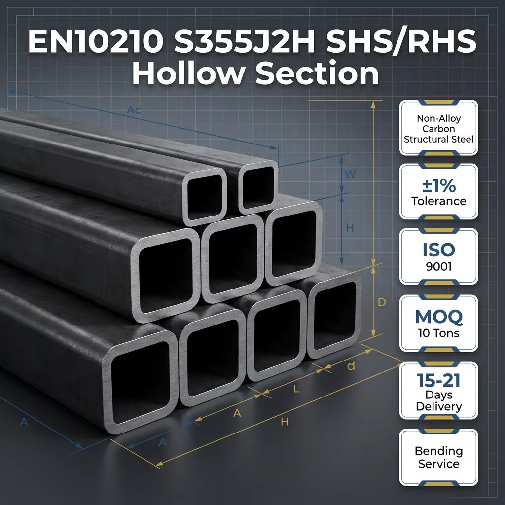 EN10210 S355J2H Hot Finished Seamless SHS RHS Carbon Steel Hollow Section for Engineering Projects