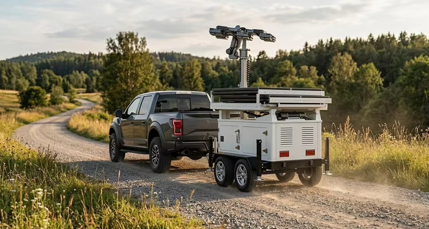 Multi-Directional Solar Lighting Trailer 360° Horizontal Rotation 90° Vertical Electric Push Rod