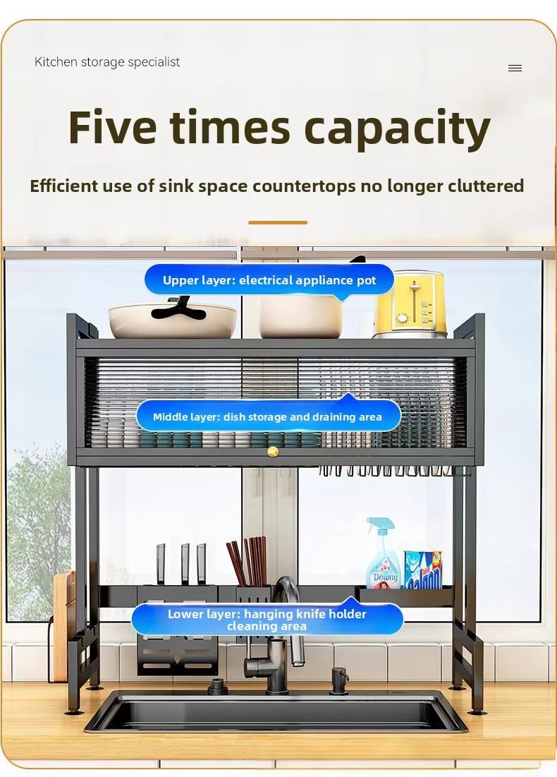 Multi-Functional Double Modern Steel Dish Drying Storage Organizer Rack Kitchen Sink Cabinet Drain Shelf Stand Cleaning Tools