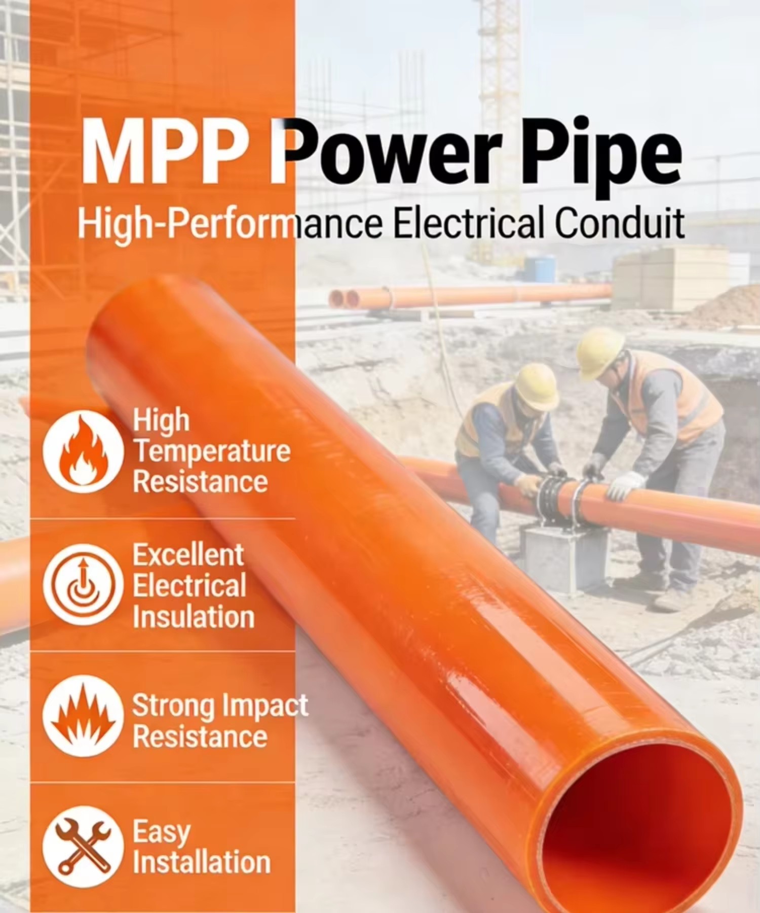 Orange MPP Durable High-Toughness Power Cable Conduit Pipe for Non-Excavation Electrical Protection and Trenchless Installation