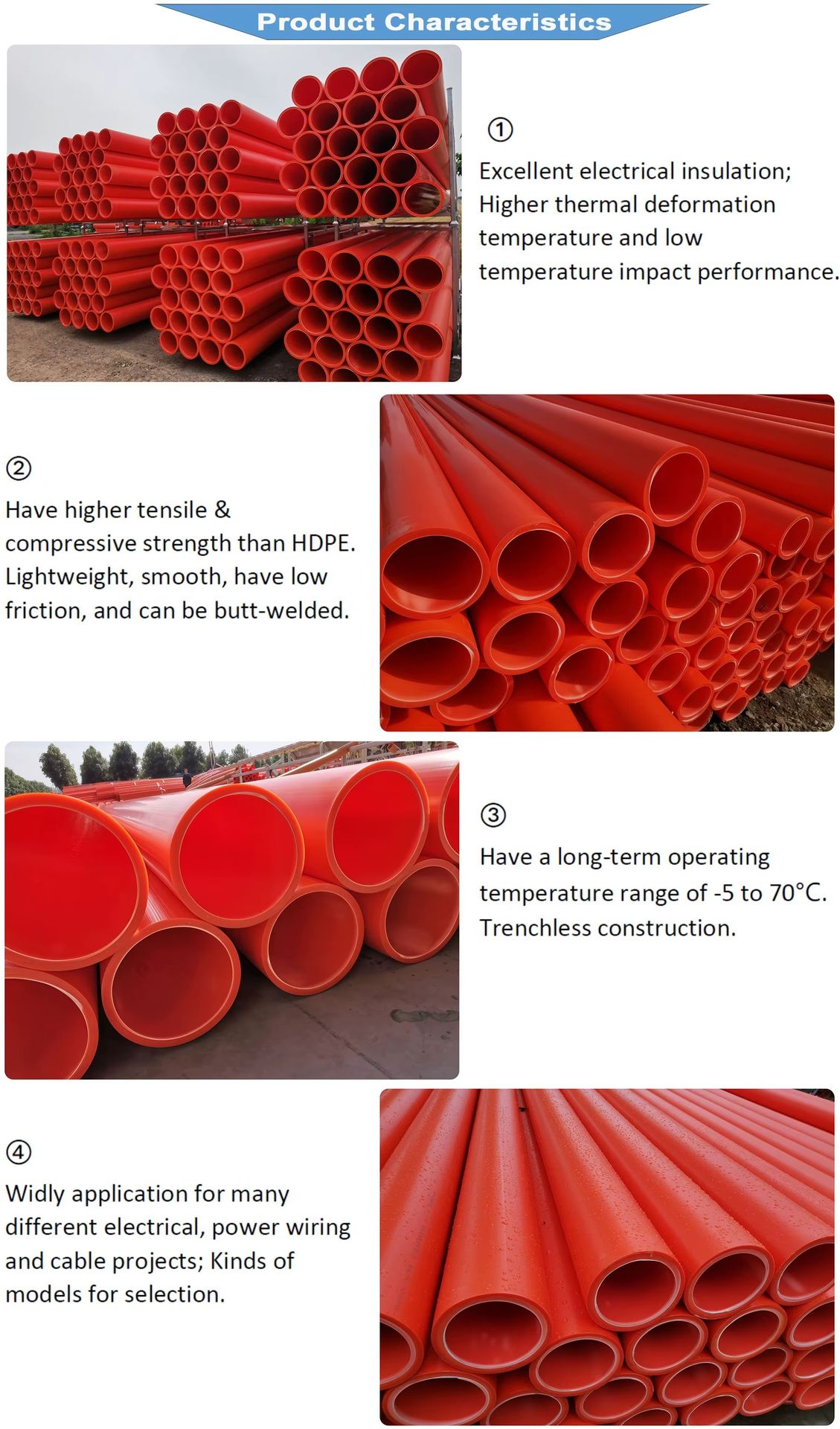 Orange Color Flexible Durable Eco-Friendly MPP Power Pipes High Quality Polypropylene PP Plastic Pipe for Cable Protection