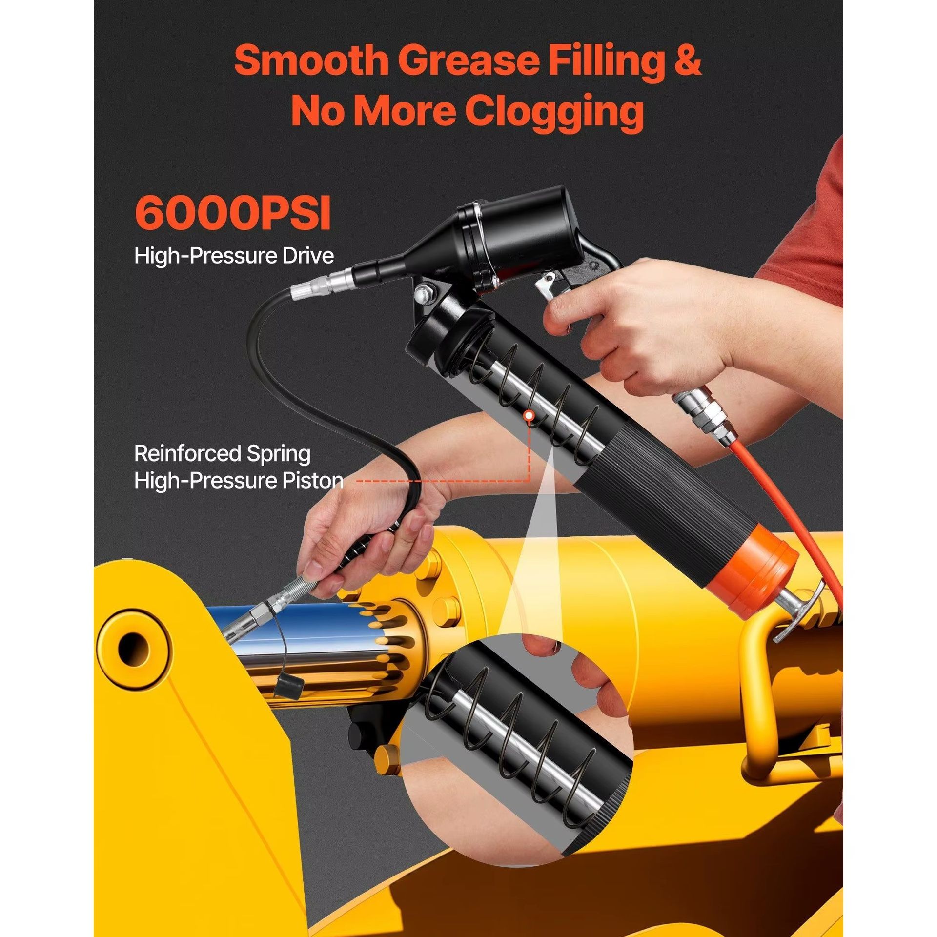 Continuous Cycle 6000 Psi High Pressure Pistol Grip Grease Gun 14 Oz Capacity With 18 Inch Flex Hose And Extension Rigid