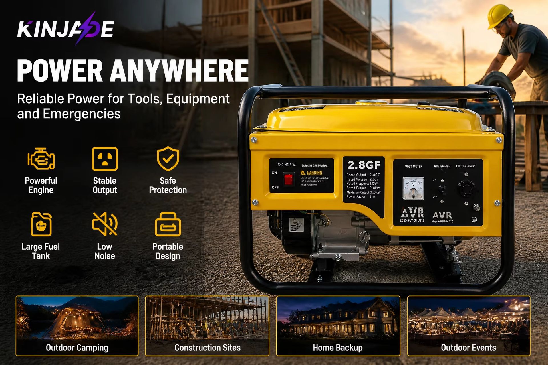 KINJADE K3000GO 2.8KW/2.5/3.5KW 4-Stroke Air-Cooled Petrol Portable Mini Generator 15L Fuel Tank Electric Start for Construction