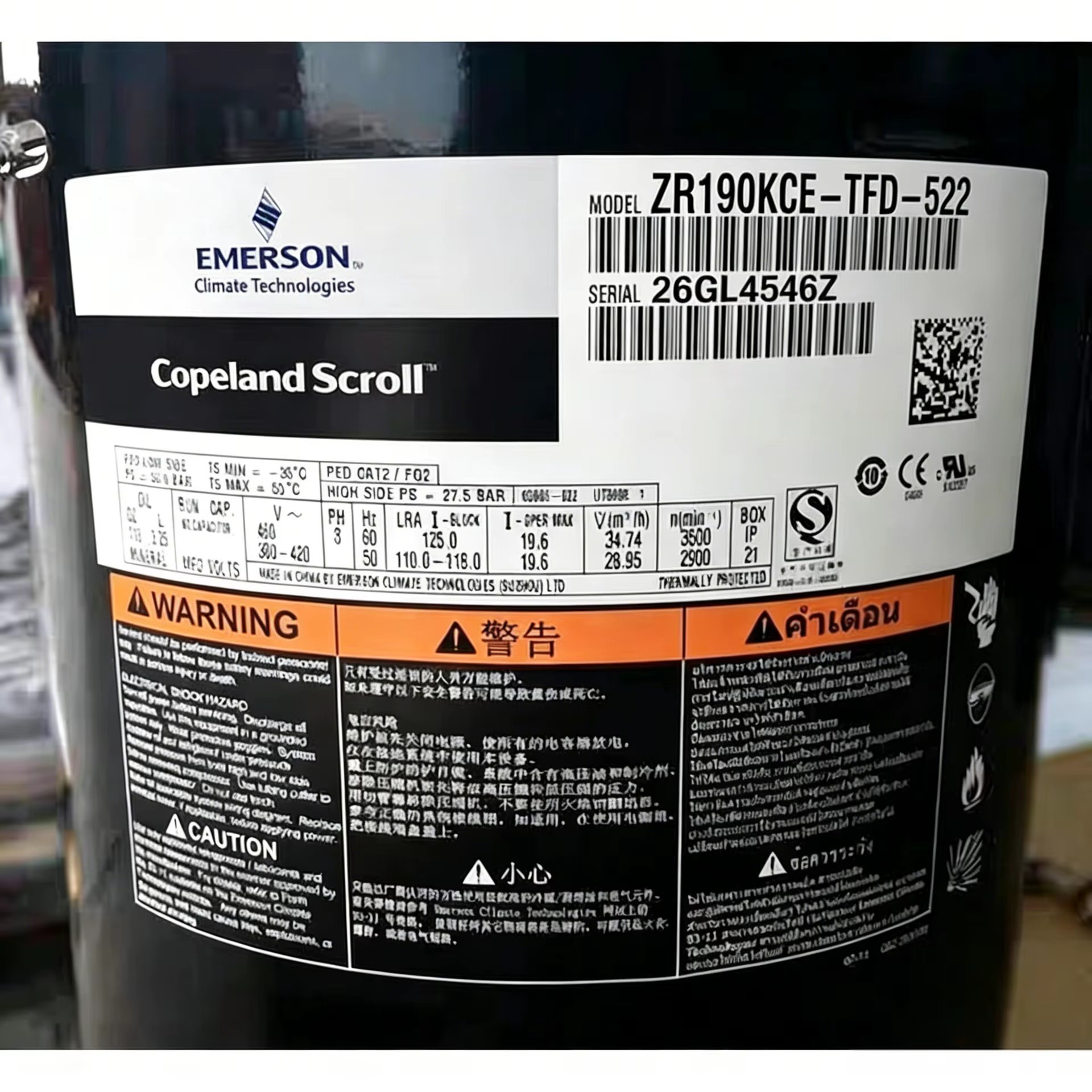 Copeland Scroll Compressor ZR190KC-TFD-522 For Cold Storage