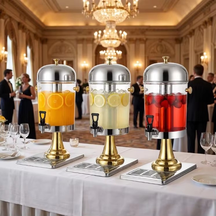 Key Luxury 8L Bi-Color Juice Dispenser Stainless Steel Cold Drink Server with Ice Tube for Hotel Buffet Wedding Catering