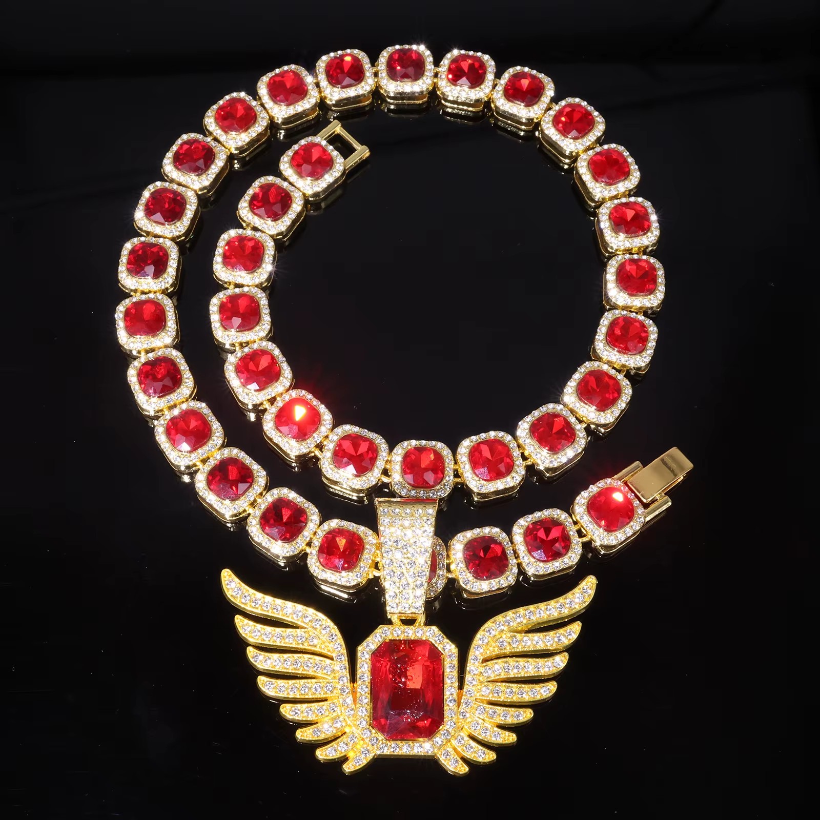 Multi Color Angel Wing Pendant Zinc Alloy Emerald Cut Green Red Blue Tennis Chain Full Rhinestone Gold Plated Hip Hop Necklace