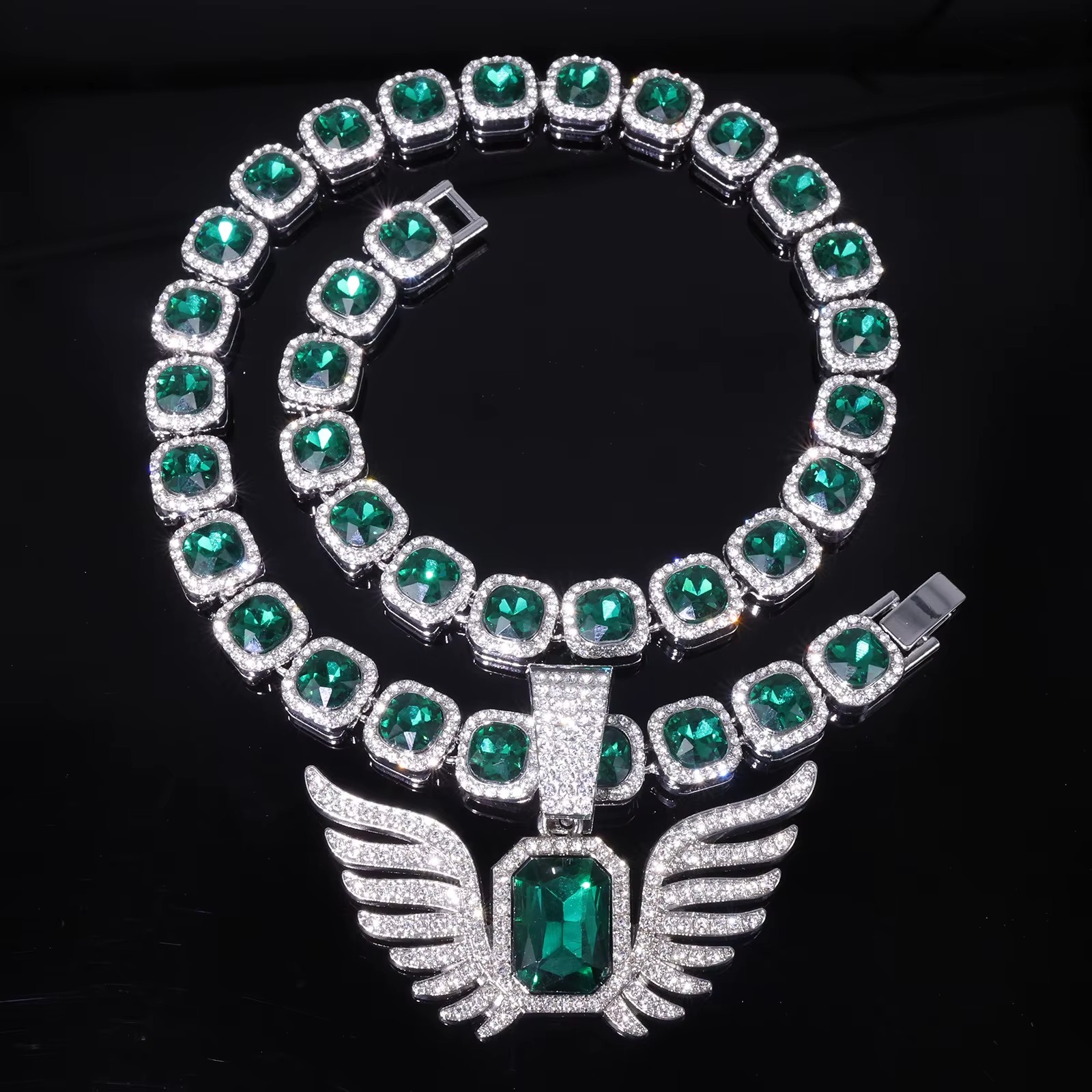 Multi Color Angel Wing Pendant Zinc Alloy Emerald Cut Green Red Blue Tennis Chain Full Rhinestone Gold Plated Hip Hop Necklace