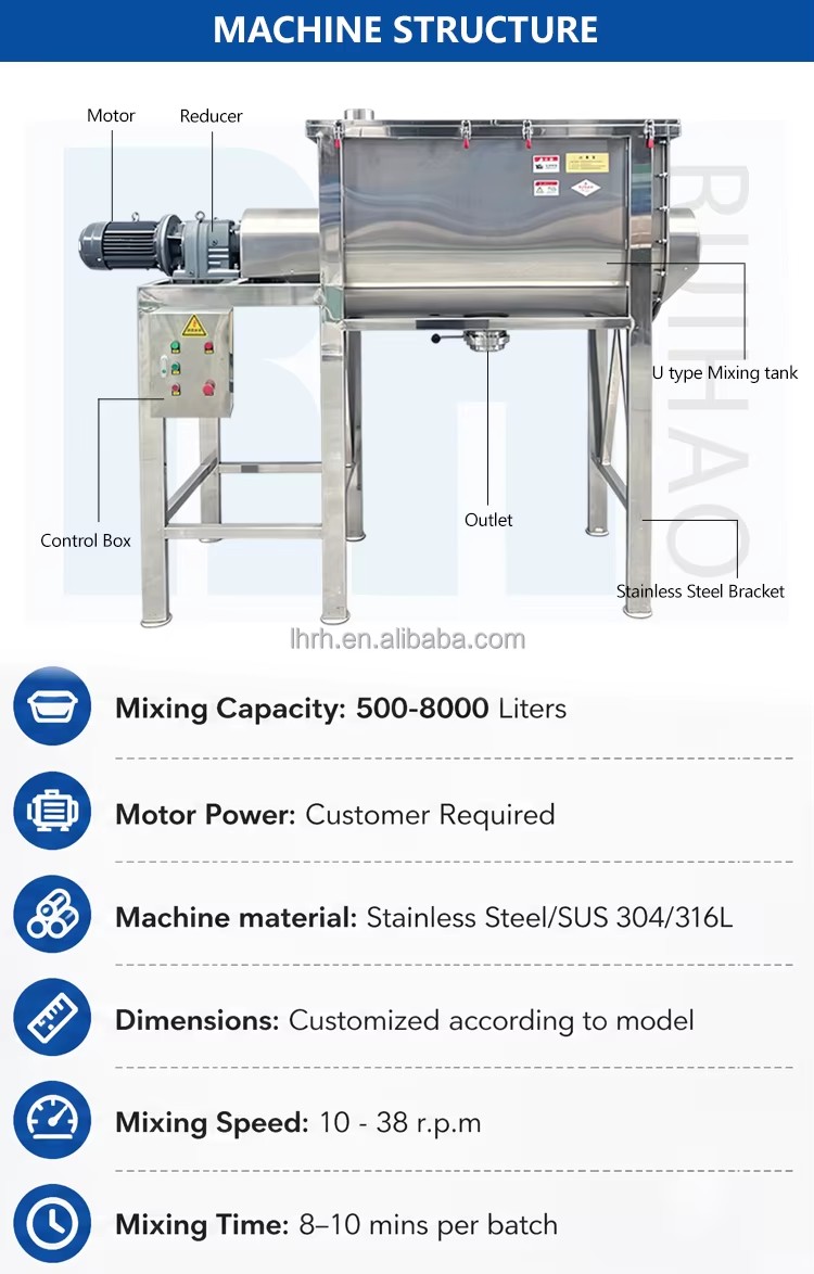 100kg 500kg 1000kg Industrial Ribbon Mixer for Charcoal Briquette Powder Binder Dry Blending Machine Horizontal Mixer