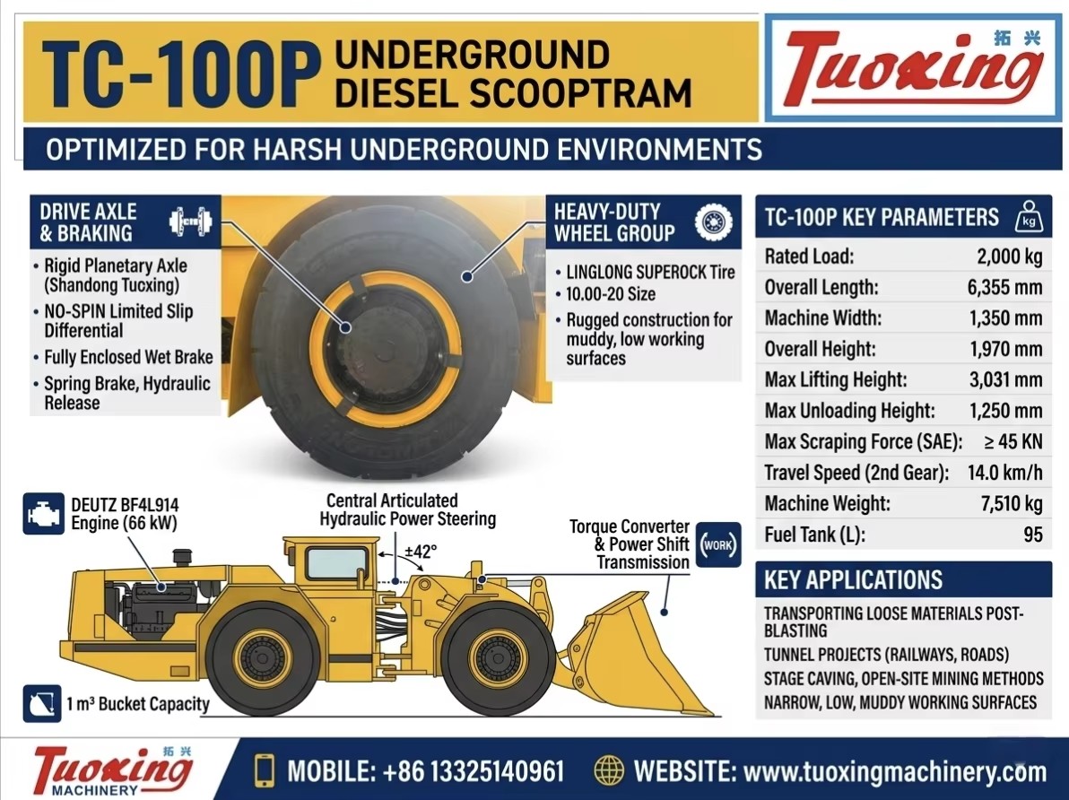 Tuoxing 2 Ton Diesel Mining Loader with ROPS/FOPS Cab WJ-1 1cbm Underground Lhd Loader