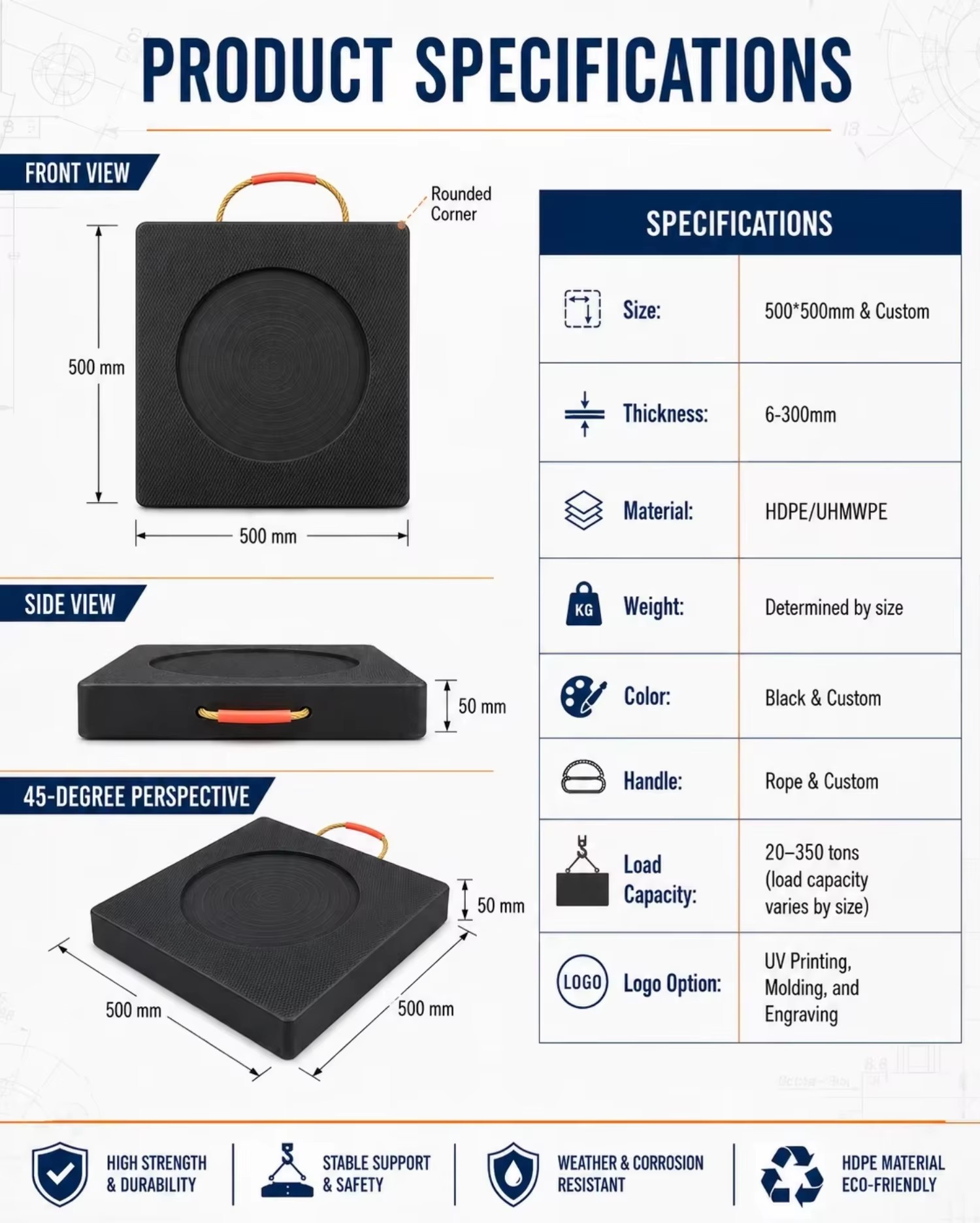 Rig Matting Heavy Duty HDPE Outrigger Support Pads for Oilfield Drilling Power Maintenance and Industrial Sites