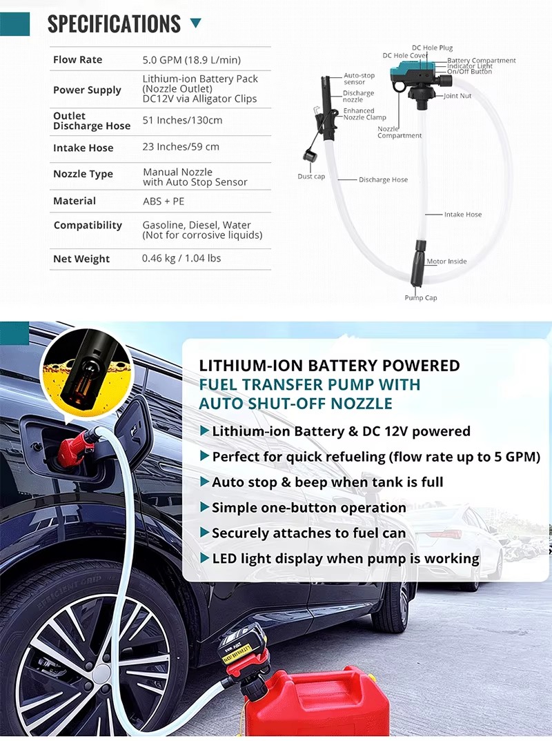 5 GPM Cordless Fuel Transfer Pump with Auto Shut-Off & Beep Alert Battery Powered Portable Gas Can Pump Leak-Proof Design