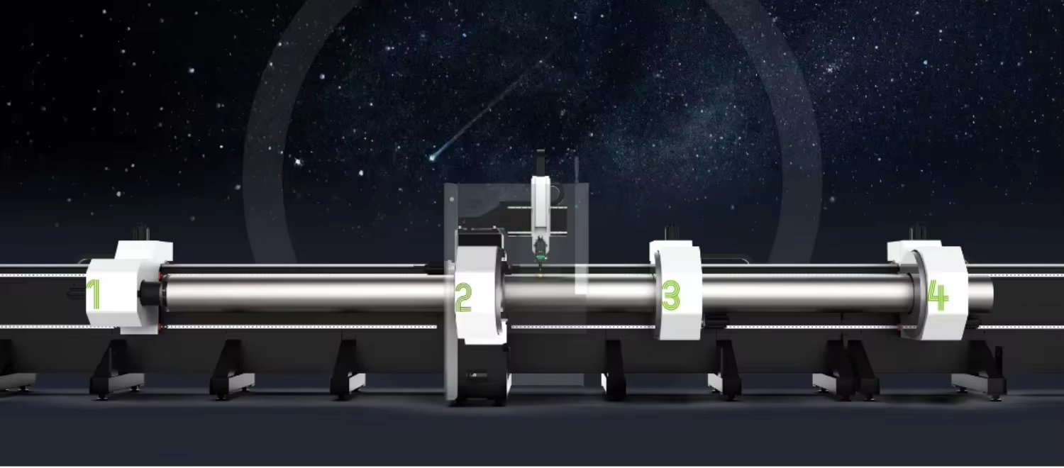 YOQI Q9-35 Four Chuck Tube Laser Cutting Machine 12300mm Beveling CNC Heavy Pipe Laser Cutter Raycus 12kW 20kW