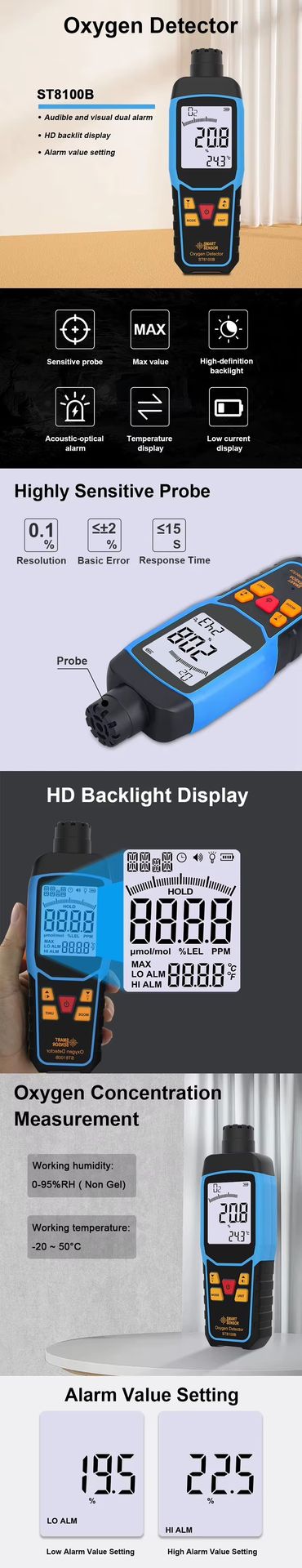 Smart Sensor ST8100 ST8100A ST8100B Digital Oxygen Detector