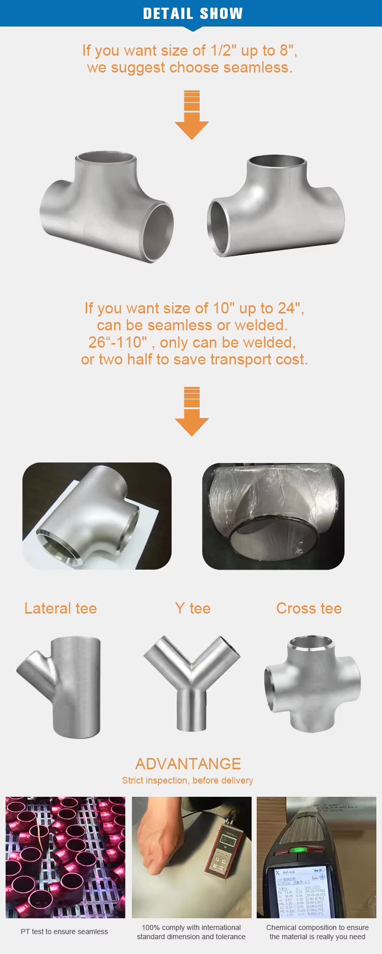 Stainless Steel Tee AISI 304 1-60inch Sch40 ASME B16.9 4 Way Pipe Fitting Butt-welding Cross