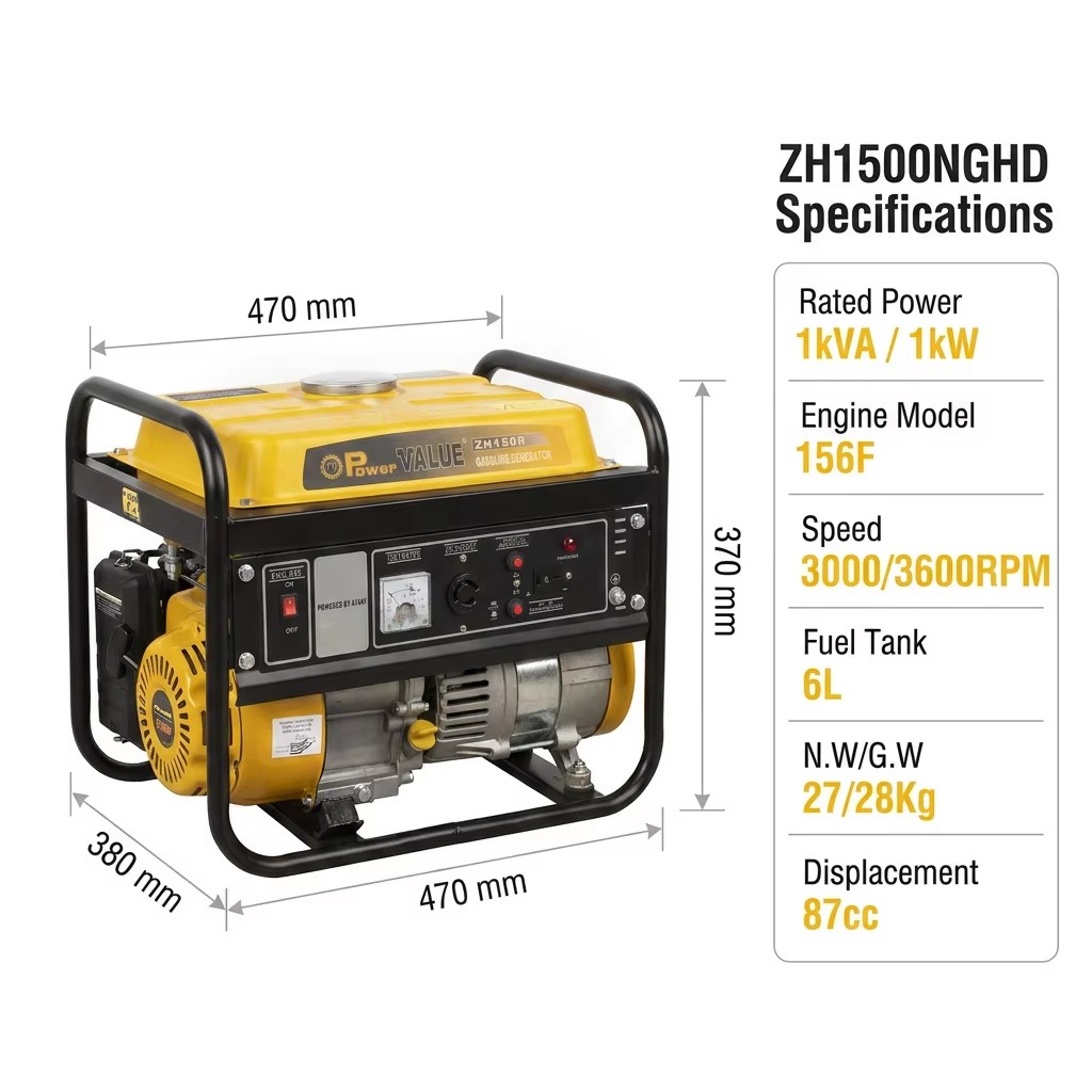 LPG/Natural Gas 4-Stroke Generator Household 1kVA 1KW Recoil/Electric Starter 50/60Hz POWERVALUE ZH1500NGHD