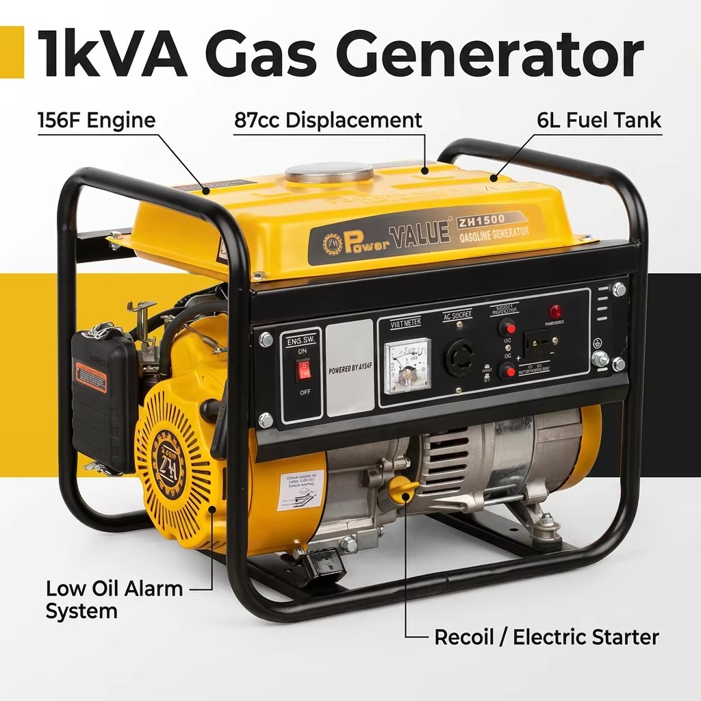 LPG/Natural Gas 4-Stroke Generator Household 1kVA 1KW Recoil/Electric Starter 50/60Hz POWERVALUE ZH1500NGHD
