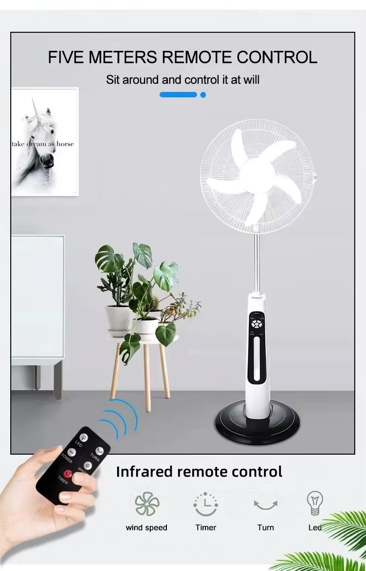Solar Rechargeable Stand Fan Battery Operated Pedestal Fan 18 Inch with Remote Control and LED Light