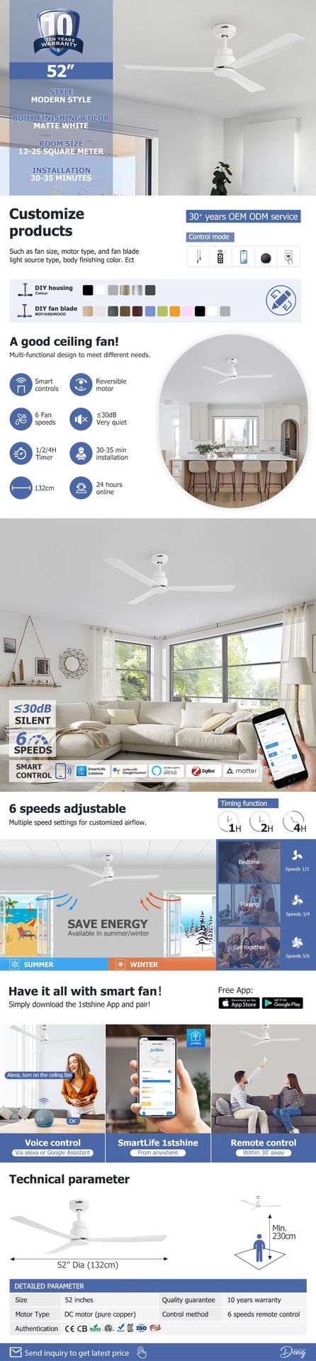 1stshine Quiet DC motor White Plastic High Airflow 52 Inches Smart APP Control Ceiling Fan Without Light